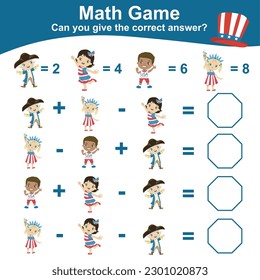 Mathematic counting worksheet with USA Independence Day theme. Math activity, count and write the answer. Educational printable math worksheet for children. Vector illustrations file.
