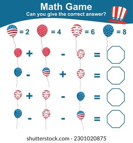 Mathematic counting worksheet with USA Independence Day theme. Math activity, count and write the answer. Educational printable math worksheet for children. Vector illustrations file.