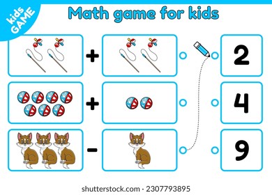 Mathematic educational game for children. Kids task. Count and choose the correct number. Worksheet for kindergarten and preschool education. Vector cartoon cute kittens, balls and teaser wands.