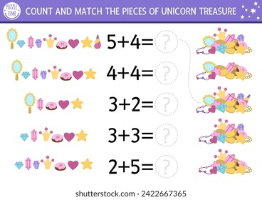 Juego temático con bonitos tesoros de unicornio. Magia, actividad de adición matemática de cuento de hadas para niños preescolares. Una simple hoja de cálculo imprimible para niños en el mundo de fantasía. Cuántos cristales
