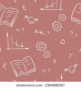 Mathematic geometric symbols and letters, equals signs and graphs. School wrapping paper created from hand drawn doodles. Seamless pattern or background print, wallpaper design. Vector in flat style