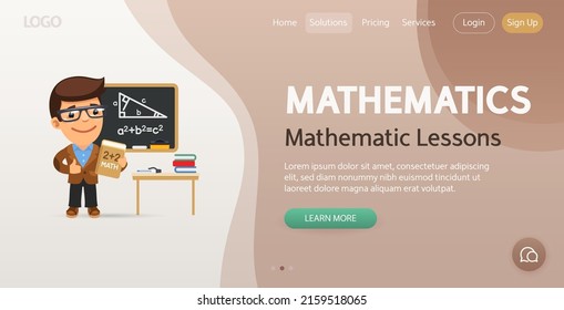 Plantilla del sitio web Mathemons Lessons. Ilustración de un profesor de matemáticas de dibujos animados con un libro en el aula frente a la pizarra con la fórmula del teorema pitagoreo.