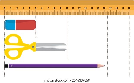 Mathematic. Ruler. Math. Wooden ruler and pencil vector, illustration. for math and physics classes. Pencil, eraser, scissors. ösym