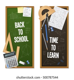 Mathematic science vertical banners look like chalkboards with title drawing solutions and calculation equipment and stationery vector illustration