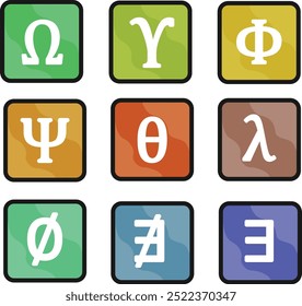 Colección de conjunto de iconos cuadrados de signo y símbolo matemáticos aislados sobre fondo blanco