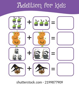 Mathematic worksheet for preschool children. Educational counting game with Halloween theme. Fun activity for kids. Vector illustration.