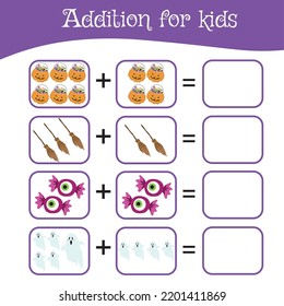 Mathematic worksheet for preschool children. Educational counting game with Halloween theme. Fun activity for kids. Vector illustration.