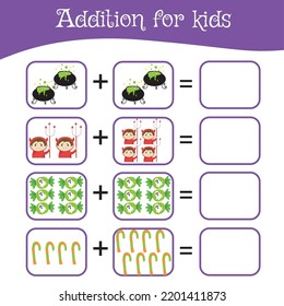 Mathematic worksheet for preschool children. Educational counting game with Halloween theme. Fun activity for kids. Vector illustration.
