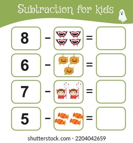 Mathematic worksheet for toddlers and preschool children. Educational counting game with Halloween theme. Fun activity for kids. Vector illustration.