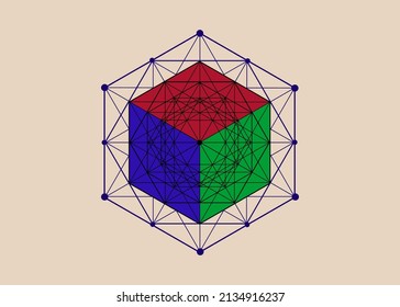 Mathematical 3D solid cube, Hexagonal Mandala, sacred geometry, magic hexagram. Abstract Geometric pattern element line design. Mystic colorful icon platonic solid vector isolated on beige background 