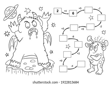 Mathematical activity for preschoolers and toddlers. Monsters outline. Animals outline. Math educational games for children. Children's coloring book. 