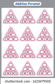 Mathematical addition pyramid game, math worksheet for kids