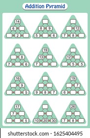 Mathematical addition pyramid game, math worksheet for kids