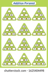 Mathematical addition pyramid game, math worksheet for kids