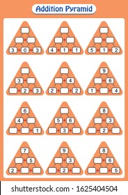 Mathematical addition pyramid game, math worksheet for kids