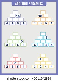 Mathematical addition pyramid game, math worksheet for kids