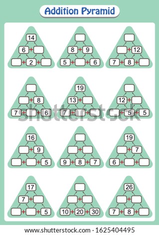 Mathematical addition pyramid game, math worksheet for kids