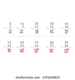 mathematical addition with ten options. examples of addition process in mathematics