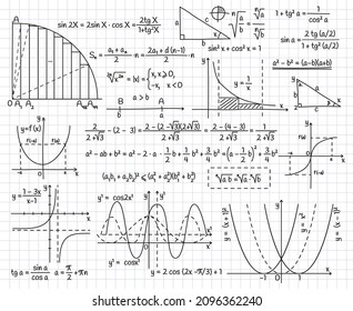 Mathematical algebra formulas, doodle equation and graphics signs. Math, geometry or physics formulas and equations vector illustration set. Science calculation symbols written in copybook