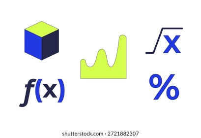 Conjunto de objetos de dibujos animados 2D matemáticos y gráficos de área. Ecuación matemática. Forma de cubo. Ciencia de la educación. Notación de la función Elementos aislados artes planas del Clip del Vector en blanco. Colección de ilustraciones de punto