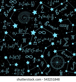 Mathematical astrophysical vector seamless pattern with formulas, figures and calculations handwritten on the background of stars. Scientific space endless texture