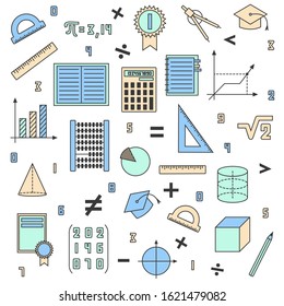 Mathematical background. Color set of math elements. Symbols of learning, geometry, education. Colored on a white background.