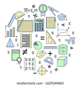 Mathematical background. Color set of math elements. Symbols of learning, geometry, education. Colored on a white background.