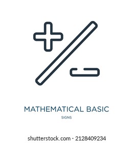 mathematical basic signs of plus and minus with a slash thin line icon. vector, illustration linear icons from signs concept isolated outline sign. Vector illustration symbol element for web design 