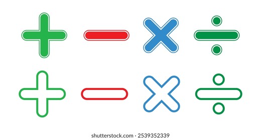 Cálculo matemático y cálculo Más, menos, multiplicar, dividir e igual conjunto de diseño de icono de signo. Suma, resta, multiplicación, división, signo igual, símbolo de icono con línea de trazo.