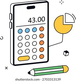 Cálculos e análises matemáticos em uma interface móvel, incluindo gráficos e dados. Usado para conceitos de educação, finanças e aprendizagem on-line. ilustração vetorial plana isométrica.