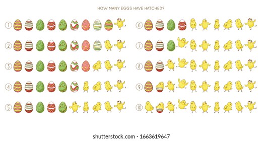 Mathematische Kinder spielen. Wie viele Eier sind geschlüpft? 
Ergebnis von 1 bis 10 
Ostereier und lustige Hühner.
