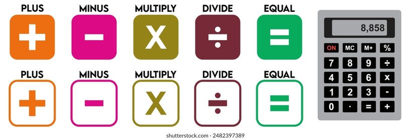 matemático Color completo. cálculos matemáticos suma, división, resta, multiplicación, más menos Botón conjunto. calculadora matemática educación Vector. Pictograma de Vector. Símbolos matemáticos 