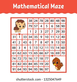 Mathematical colored square maze. Education developing worksheet. Game for kids. Puzzle for children. The study of numbers. Labyrinth conundrum. Flat vector illustration isolated on white background