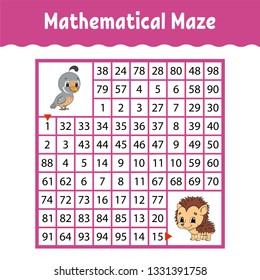 Mathematical colored square maze. Education developing worksheet. Game for kids. Puzzle for children. The study of numbers. Labyrinth conundrum. Flat vector illustration isolated on white background
