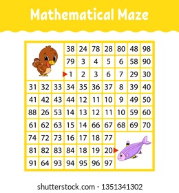 Mathematical colored square maze. Education developing worksheet. Game for kids. Puzzle for children. The study of numbers. Labyrinth conundrum. Flat vector illustration isolated on white background