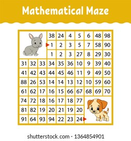 Mathematical colored square maze. Education developing worksheet. Game for kids. Puzzle for children. The study of numbers. Labyrinth conundrum. Flat vector illustration isolated on white background