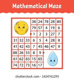 Mathematical colored square maze. Education developing worksheet. Game for kids. Puzzle for children. The study of numbers. Labyrinth conundrum. Flat vector illustration isolated on white background