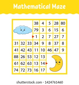 Mathematical colored square maze. Education developing worksheet. Game for kids. Puzzle for children. The study of numbers. Labyrinth conundrum. Flat vector illustration isolated on white background