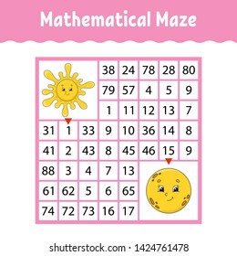 Mathematical colored square maze. Education developing worksheet. Game for kids. Puzzle for children. The study of numbers. Labyrinth conundrum. Flat vector illustration isolated on white background
