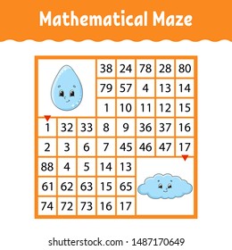 Mathematical colored square maze. Education developing worksheet. Game for kids. Puzzle for children. The study of numbers. Labyrinth conundrum. Flat vector illustration isolated on white background