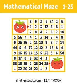 Mathematical colored square maze. Help one tomato get to another. Game for kids. Puzzle for children. The study of numbers. Labyrinth conundrum. Flat vector illustration isolated on white background