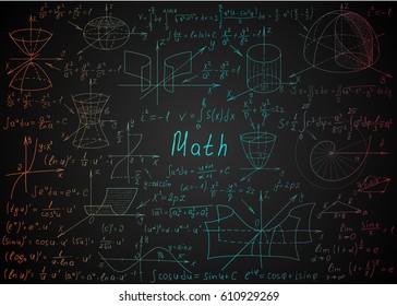 Mathematical colorful formulas drawn by hand on a black chalkboard for the background. Vector illustration.