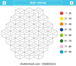 Mathematical coloring book for children. Addition and subtraction up to 100. Worksheet