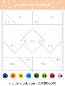 Mathematical coloring book for children. Addition examples. Worksheet