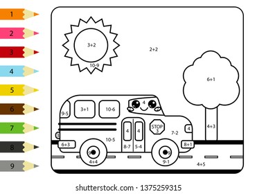 Mathematical coloring page for kids. Kawaii happy school bus. Worksheet with addition and subtraction.