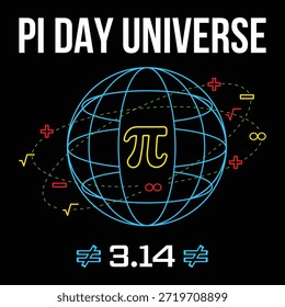Mathematical concept of Pi Day with a globe and mathematical symbols on a black background Vector illustration
