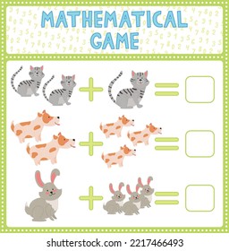 Juego de conteo matemático para niños. ¿Puedes resolver esto? Los niños divertidos entretenimientos. Encuentra la respuesta correcta. Página y juego de actividad de vectores matemáticos. Tarea de equiparación con gato, perro, liebre.
