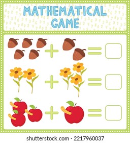 Mathematical count game for kids. Can You solve this? Children funny riddle entertainment. Find right answer. Mathematics vector activity page and game. Matching task with acorn, flower, apple.