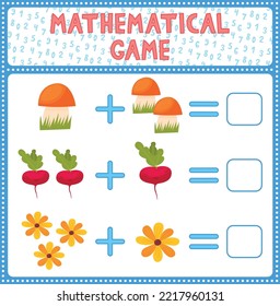 Mathematical count game for kids. Can You solve this? Children funny riddle entertainment. Find right answer. Mathematics vector activity page and game. Matching task with mushroom, beet, flower.
