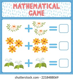 Mathematical count game for kids. Can You solve this? Children funny riddle entertainment. Find right answer. Mathematics vector activity page and game. Matching task with cute flowers.